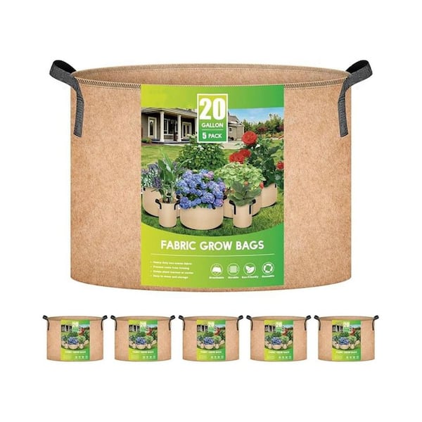 20 gal. Nonwoven Fabric Grow Bags Tan with Strap Handles Aeration Container for Garden Planting 5-Pack