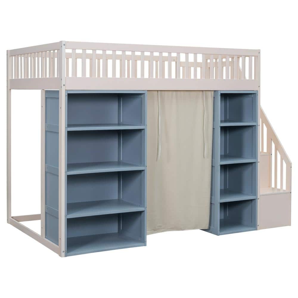 Cream White Full Wood Loft Bed with 2 Four-Layer Storage Cabinets and Curtain durable construction price history on PriceWatchPro