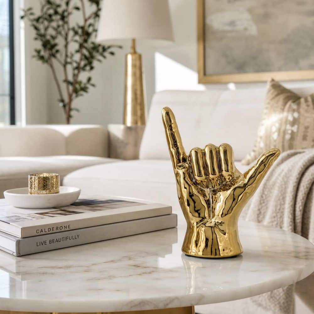Liv & Skye 5.75 in. x 7 in. Gold Stoneware Shaka Gesture Hand