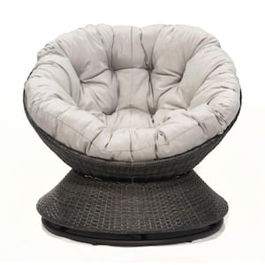 Brigham Black Swivel Wicker Outdoor Papasan Chair with Grey Cushion