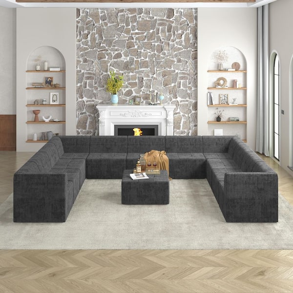 163.4 in. Square Arm Corduroy Modular Compressed Sectional Sofa in Gray