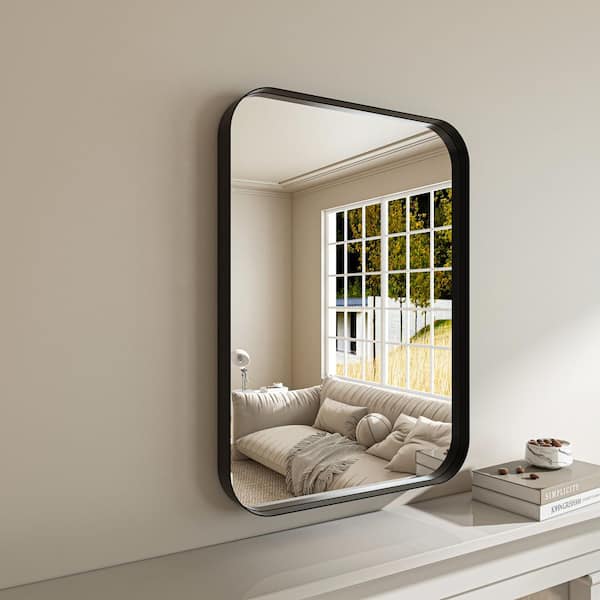 20 in. W x 30 in. H Rectangular Aluminum Framed Modern Black Rounded Wall Mirror