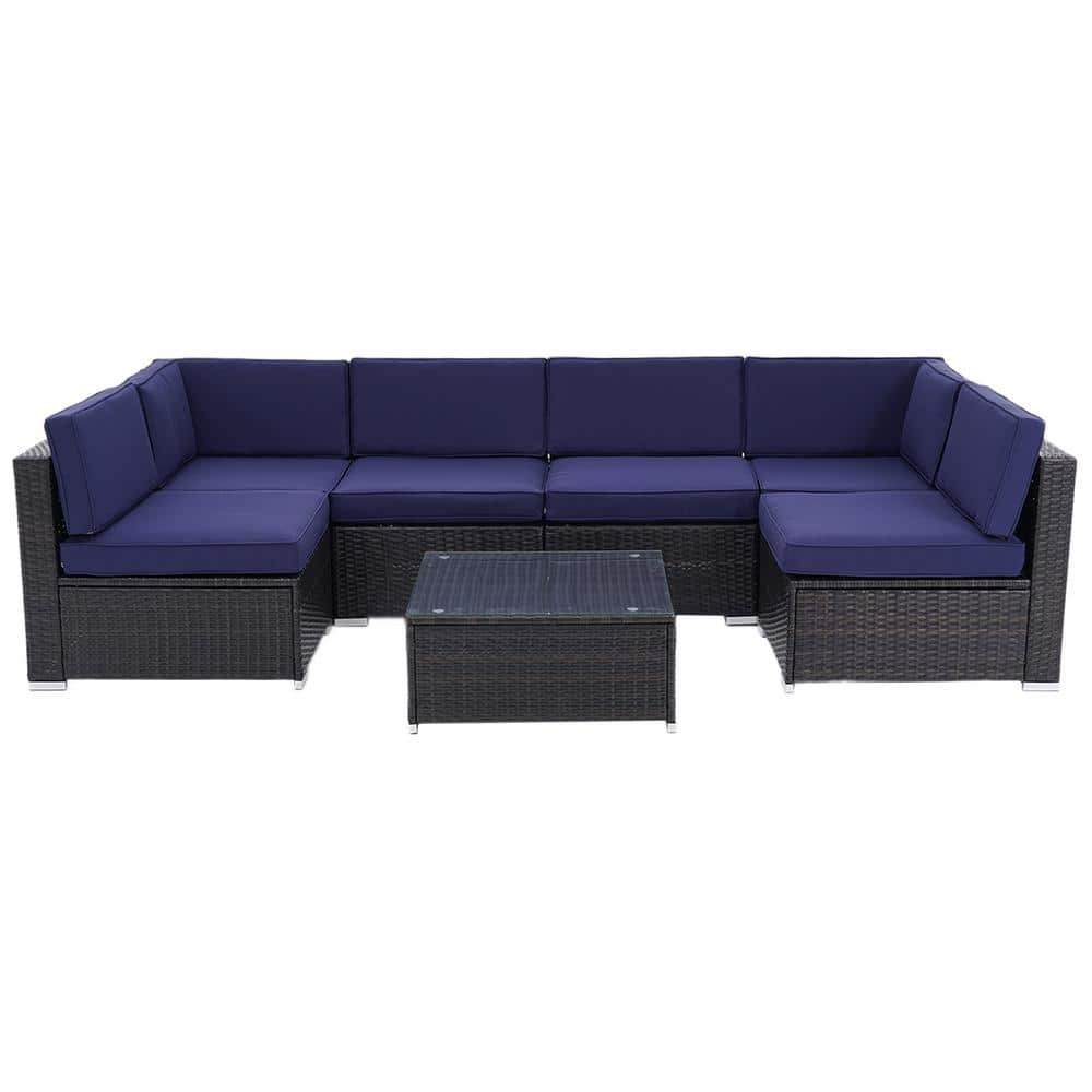 Outdoor Sectional 7-Piece Wicker Outdoor Patio Conversation Set with Dark B