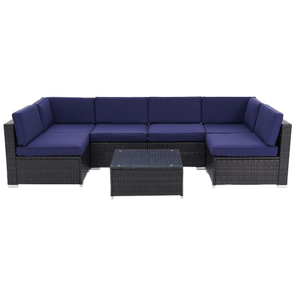 Unbranded Outdoor Sectional 7-Piece Wicker Outdoor Patio Conversation Set with Dark Blue Cushions and Tempered Glass Table