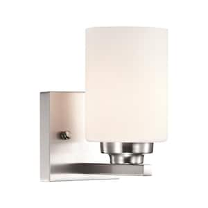 Aliana 4.25 in. 1-Light Brushed Nickel Indoor Bathroom Vanity Light Wall Sconce with Etched White Glass Shade