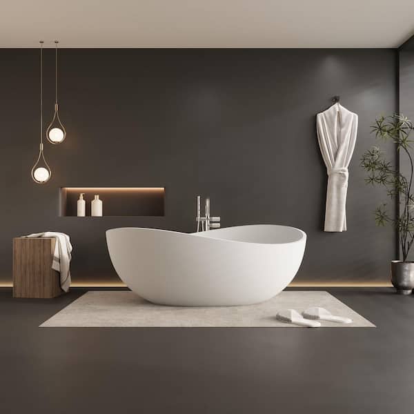 63 in. x 37 in. Solid Surface Stone Resin Flatbottom Freestanding Double Slipper Soaking Bathtub in Matte White