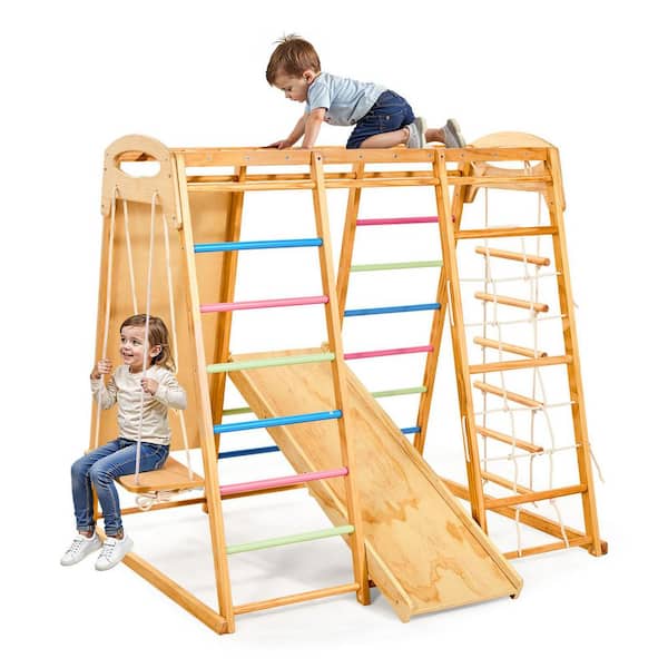 Indoor Playground Jungle Gym, 7-in-1 Wooden Indoor Playground for Kids, 250 lbs. Montessori Climbing Toys Playset