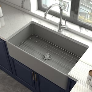 Grey Fireclay 36 in. Single Bowl Corner Farmhouse Apron Kitchen Sink with Bottom Grid and Basket Strainer