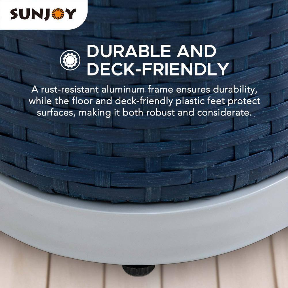 Navy Aluminum and Wicker Pool Float Storage Rack with Basket