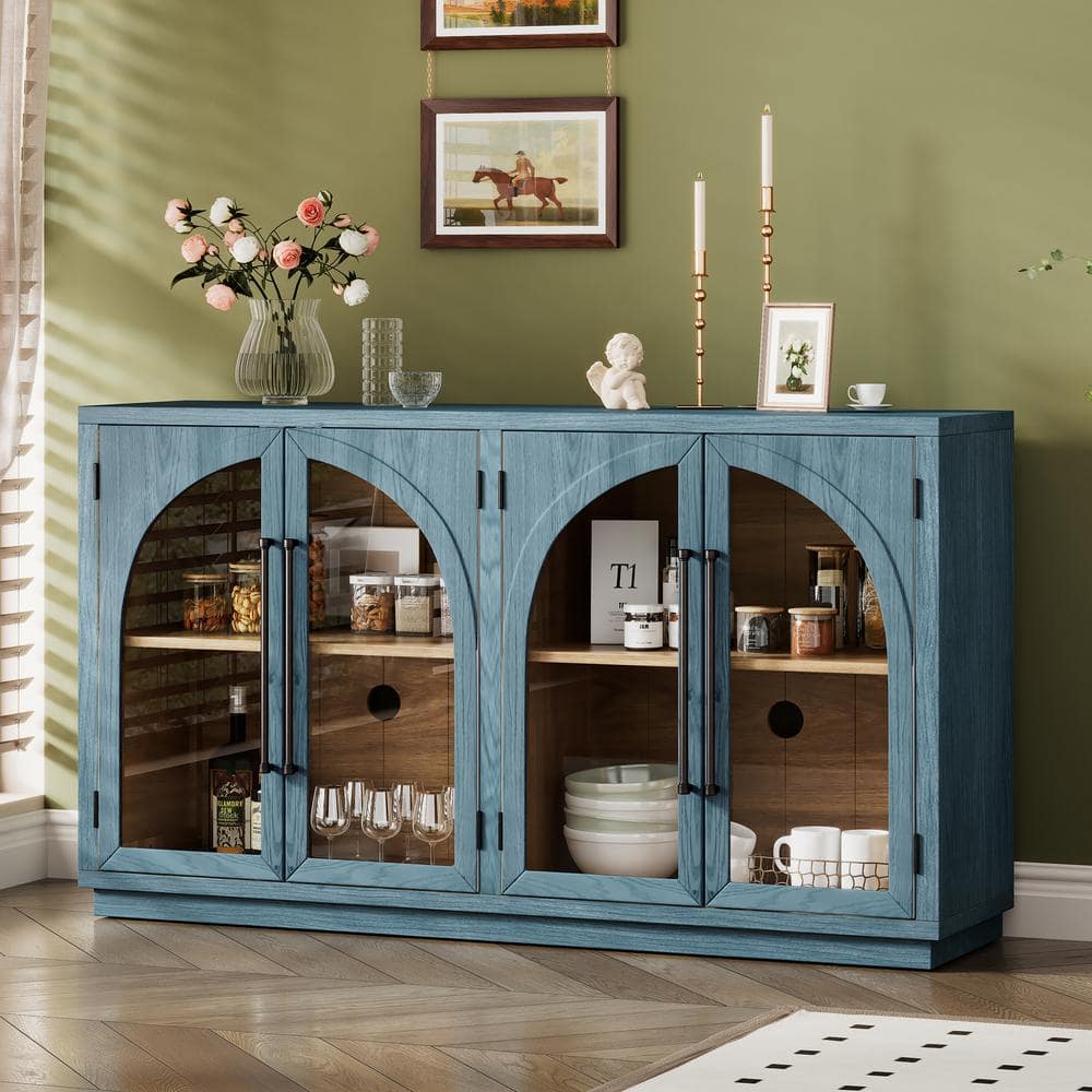 Retro Navy Solid Wood 60 in. Sideboard Buffet Cabinet with 4-Glass Doors  and Adjustable Shelves Kitchen Storage Cabinet XW-ZT-AAM - The Home Depot