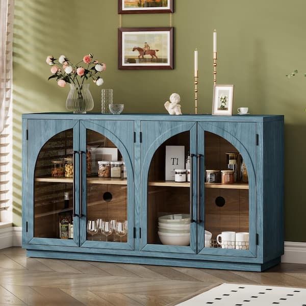 Unbranded Retro Navy Solid Wood 60 in. Sideboard Buffet Cabinet with 4-Glass Doors and Adjustable Shelves Kitchen Storage Cabinet
