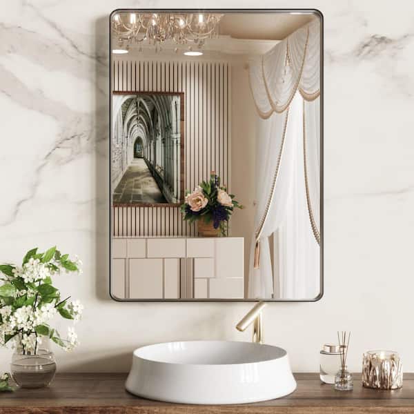 Swafrrt 22 in. W x 30 in. H Rectangular Aluminum Alloy Modern Framed Rounded Black Bathroom Vanity Wall Mirror