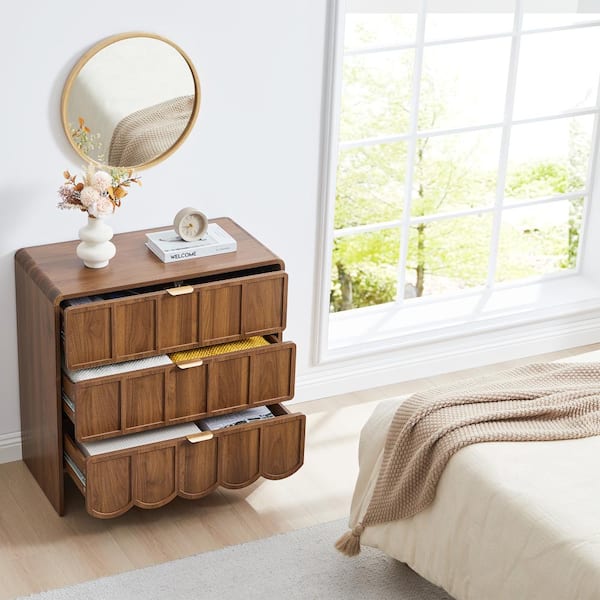 ATHMILE 3-Drawer Compact Dresser, Walnut MDF Scalloped Chest for Small Spaces