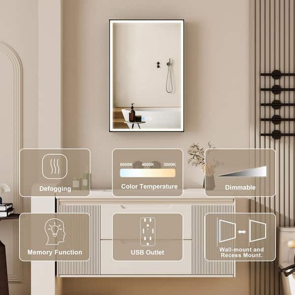 20 in. W x 30 in. H Rectangular Black Aluminum Recessed/Surface Mount LED Medicine Cabinet with Mirror,Outlet,Left-Hinge