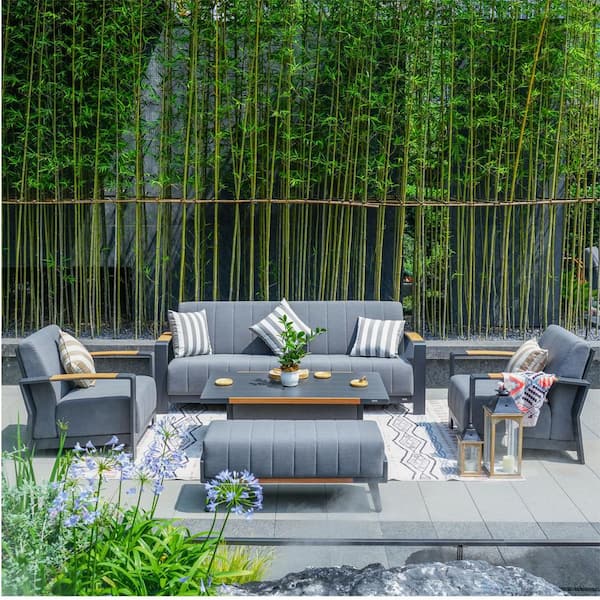 Black 5-Piece Aluminum Patio Conversation Set with Gray Cushions