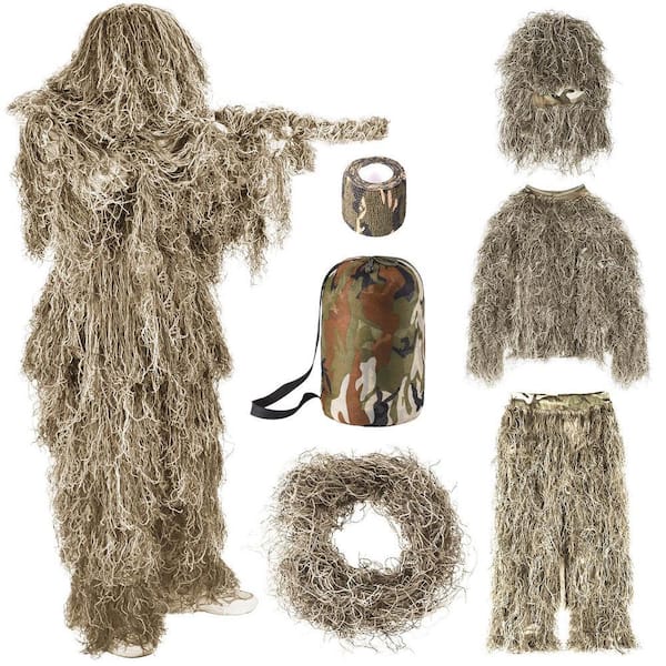 6 in 1 Adults Dry Grass Ghillie Suit, 3D Camouflage Hunting Apparel Including Jacket, Pants, Hood, Carry Bag
