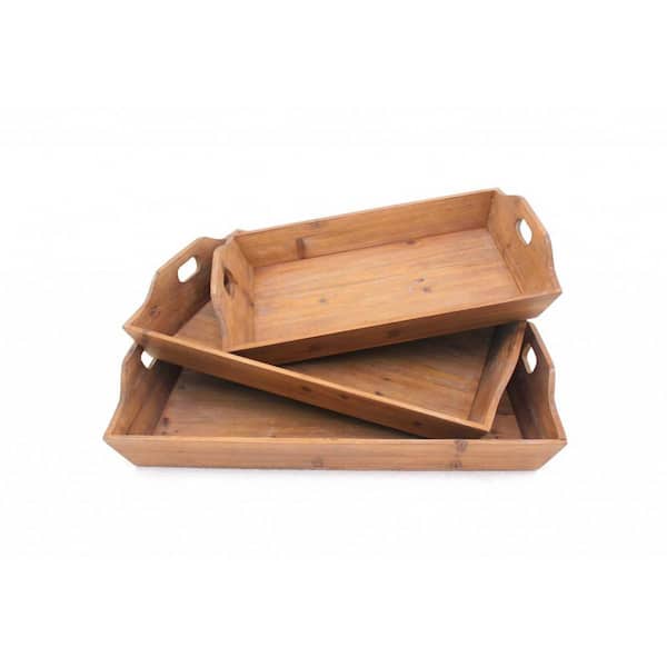 HomeRoots Brown Rectangle Wood 24.25 in. Decorative Serving Tray Set of 3