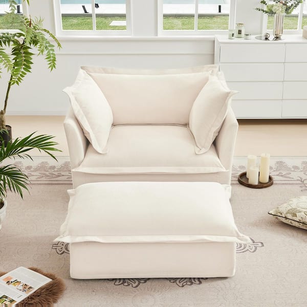 Cream Chenille Slipcovered Arm Chair with Ottoman