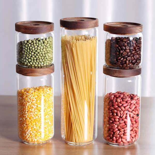 Thickened 5-Piece Glass Kitchen Canisters Set with Airtight Acacia Lids for Storage Coffee Flour Sugar Rice Spaghetti