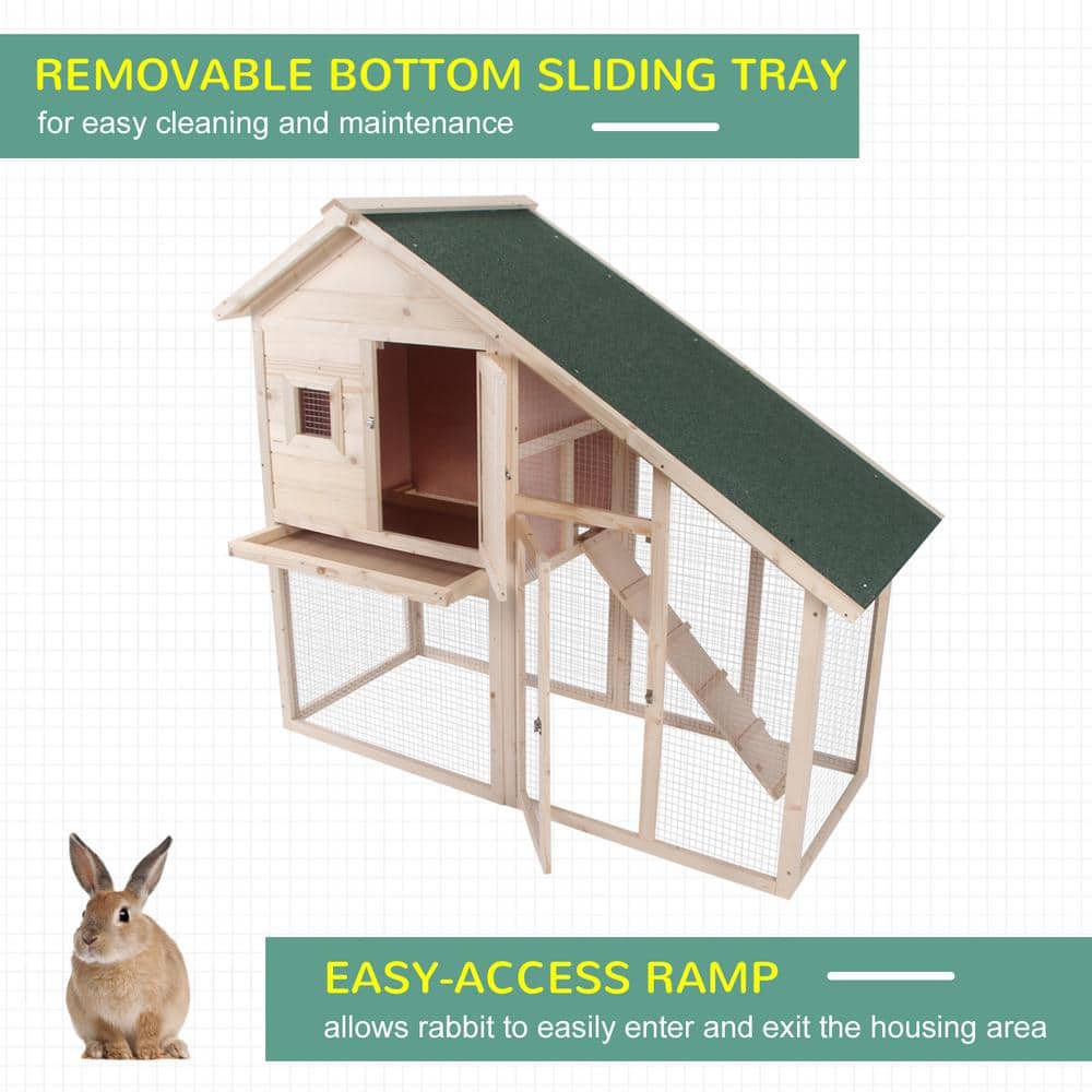 Natural Wood 2-Tier Guinea Pig Hutch with Ramp and Roof