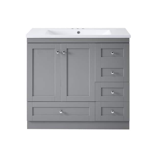 Aoibox 36 in. W x 18 in. D x 34.5 in. H Freestanding Bath Vanity in Gray with White Resin Single Sink Top, 4 Drawers & 2 Doors