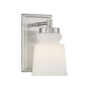 1-Light Brushed Nickel Wall Sconce with a White Frosted Glass Shade