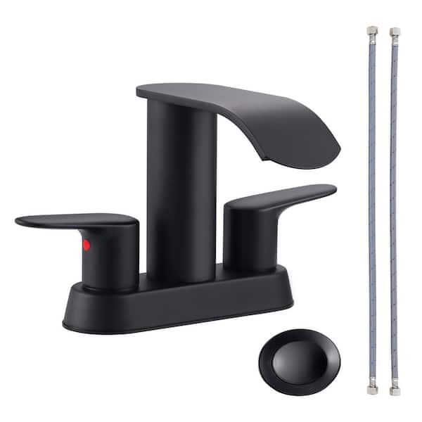 4 in. Centerset Double Handle Waterfall Bathroom Faucet with Drain Kit Included in Matte Black