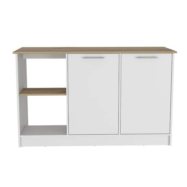 White Wood 59.0 in. Kitchen Island with Open Storage Shelves and Double Door Cabinet