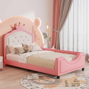 Pink Wood Frame Twin Platform Bed with Button Tufted Crown Headboard for Kids