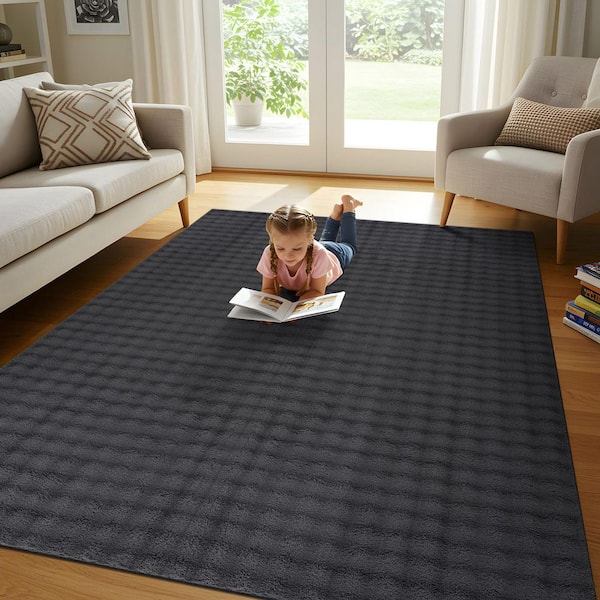 Aurora 4 ft. x 6 ft. Dark Grey Non-Slip Rubber Back Washable Polyester Checker Indoor Area Rug