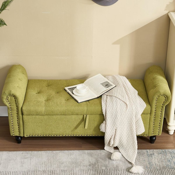 anpport Olive Green Linen 55.12 in. W Bedroom Bench with Storage