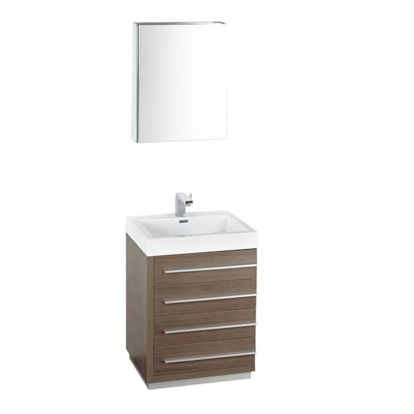 Fresca Livello 24 in. Vanity in Gray Oak with Acrylic Vanity Top in White with White Basin and Mirrored Medicine Cabinet