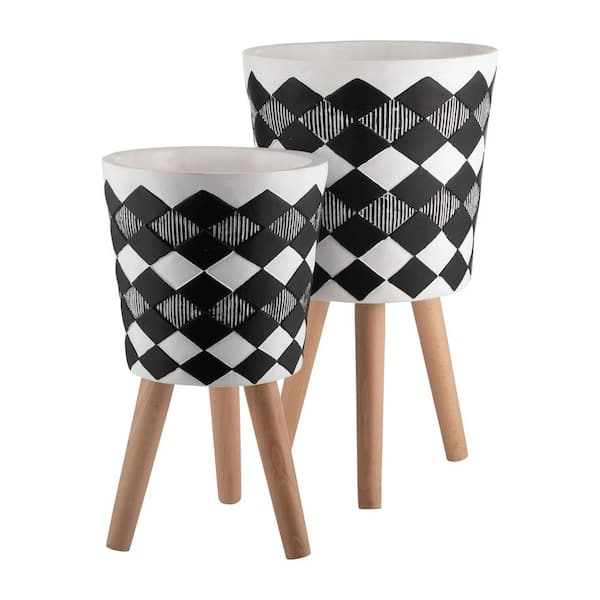 Outdoor S/2 10/12 in. Diamond Planter W/ Wood Legs, Black(KD) For Flower Plant-12 in. x 12 in. x 21 in. Wood