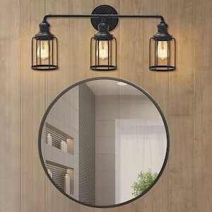 24 in. 3-Light Black Industrial Vanity with Metal Cage Wall Sconce