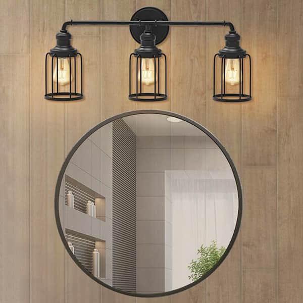 24 in. 3-Light Black Industrial Vanity with Metal Cage Wall Sconce