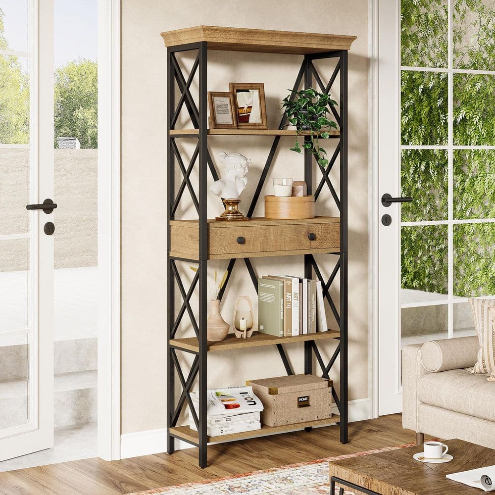 Eulas 70.9 in. Tall Brown and Black MDF Bookshelf Bookcase with 4-Shelf, 2-Drawer Industrial Bookshelf with Metal Frame