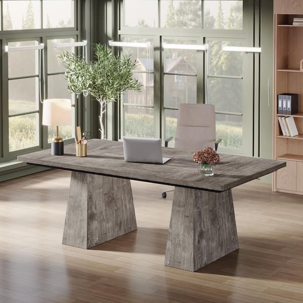 BYBLIGHT 63 in. Rectangle Gray Engineered Wood Executive Desk, Large Office Computer Desk with Double Pedestal