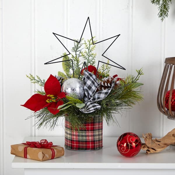 Nearly Natural 20 in. Holiday Winter Greenery, Pinecone and Berries with  Plaid Bow Arrangement