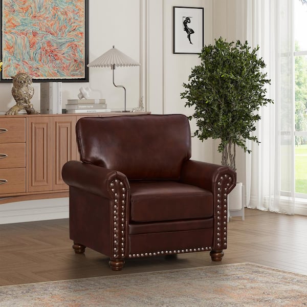 Harper & Bright Designs 35.8 in. Round Arm Faux Leather Rectangle Mid-Century Modern Sofa in Burgundy with Solid Wood Legs and Silver Nails