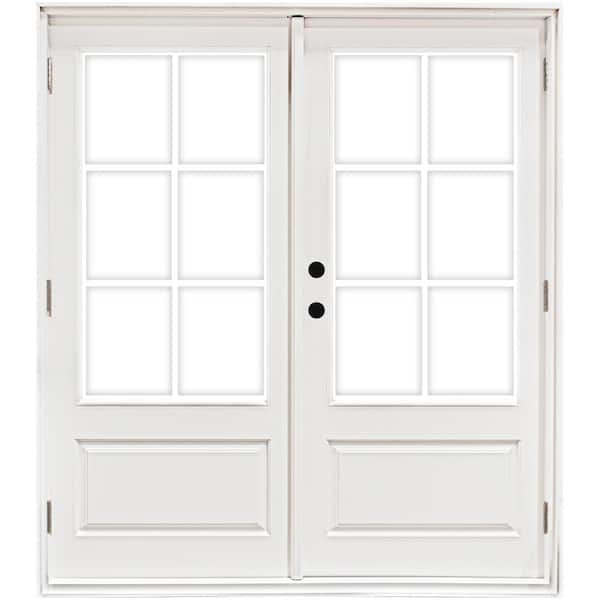 60 in. x 80 in. Fiberglass Smooth White Right-Hand Outswing Hinged 3/4-Lite Patio Door with 6-Lite GBG