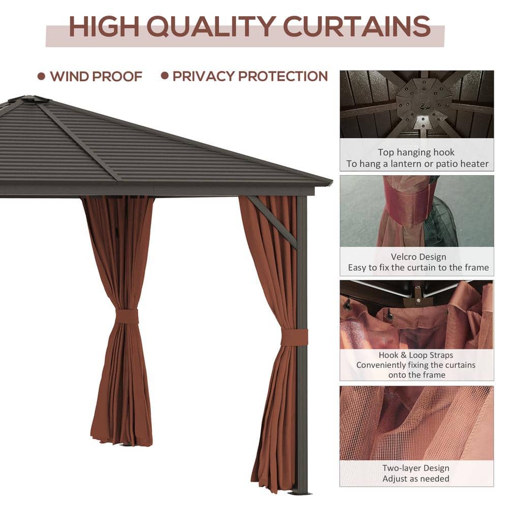 Outsunny 10x10 Dark Brown Aluminum and Steel Hardtop Gazebo with Curtains