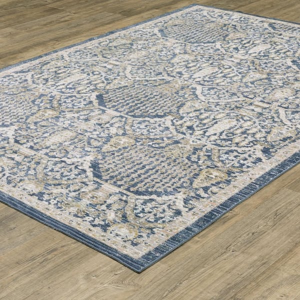 Claire Blue/Gold 8 ft. x 11 ft. Distressed Floral Polypropylene-Polyester Blend Indoor Area Rug
