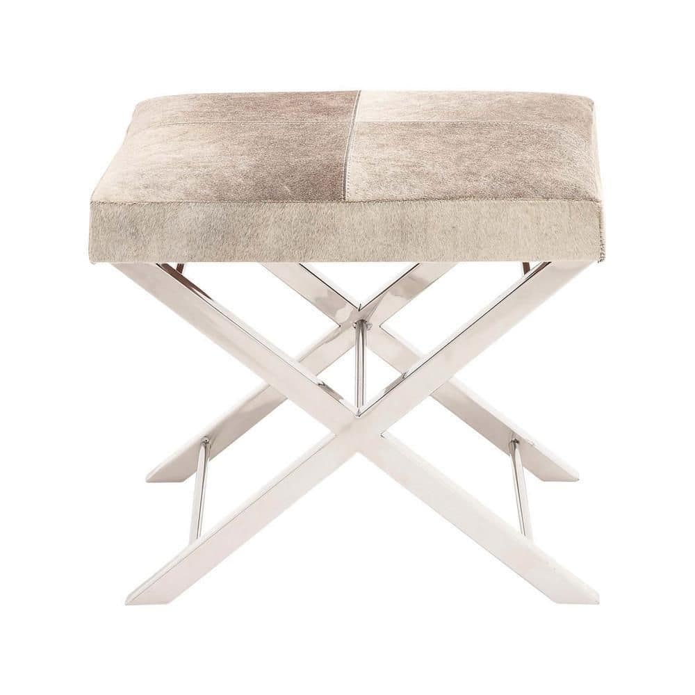 Gray Hair on Hide Leather and Stainless Steel X-Base Stool