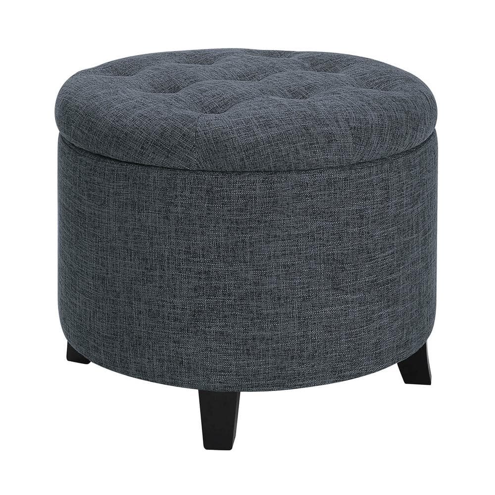 Stormy Gray Tufted Round Storage Ottoman with Dense Foam Cushion