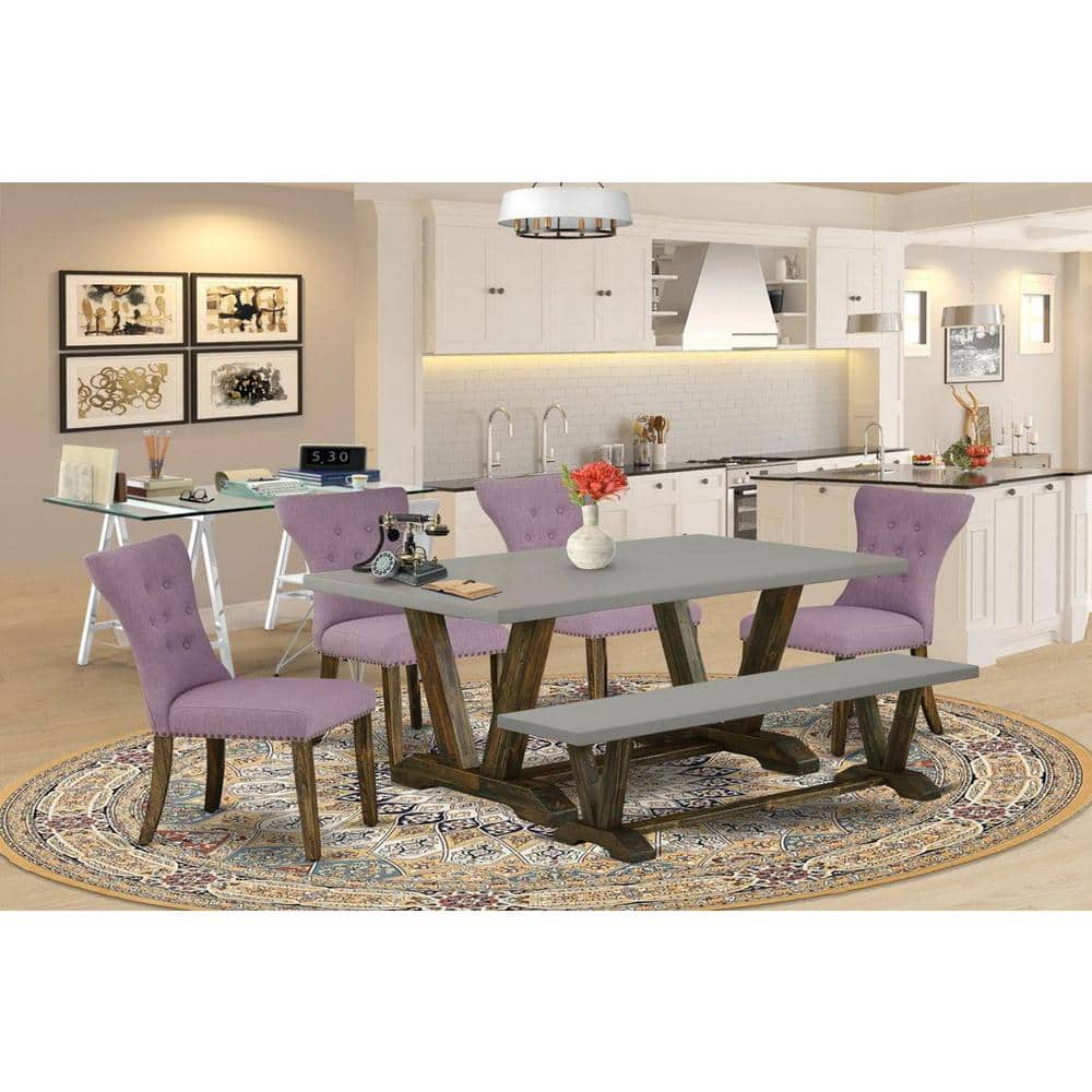 6-Piece Rectangle Distressed Jacobean Finish Solid Wood Top Dining Table with 1-Bench, 4-Chairs with Lattice Back