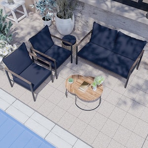 5-Piece Outdoor Wicker Patio Conversation Set with Blue Cushions, Includes Coffee Table