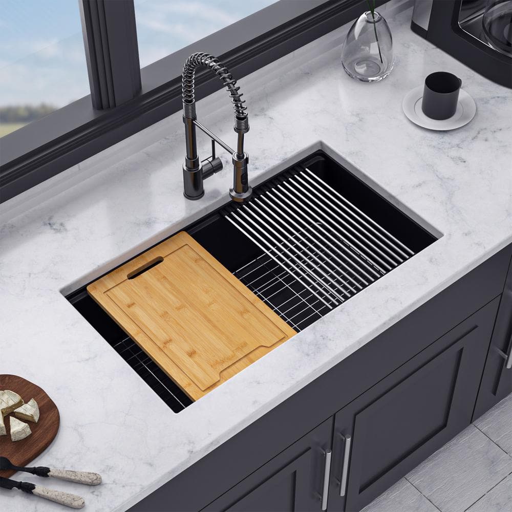 30'' Black Quartzite Undermount Single Bowl Kitchen Sink