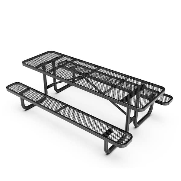 Carnegy Avenue Mantill 57.5 in. Black Rectangle Steel Picnic Tables Seat of 4 with Umbrella Hole Gauge Expanded Metal Mesh Top