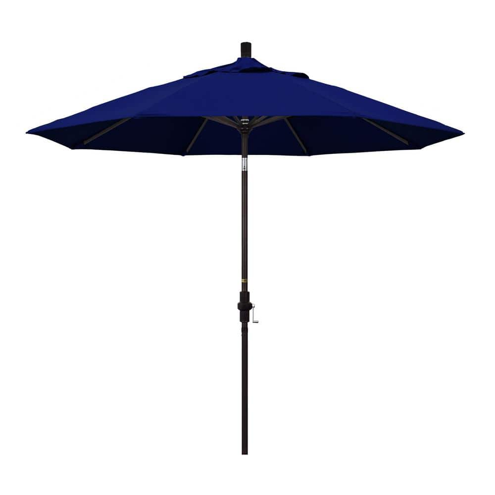 California Umbrella 9 ft. Bronze Aluminum Market Collar Tilt Crank Lift Patio Umbrella in True Blue Sunbrella