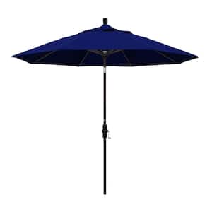 9 ft. Bronze Aluminum Market Collar Tilt Crank Lift Patio Umbrella in True Blue Sunbrella